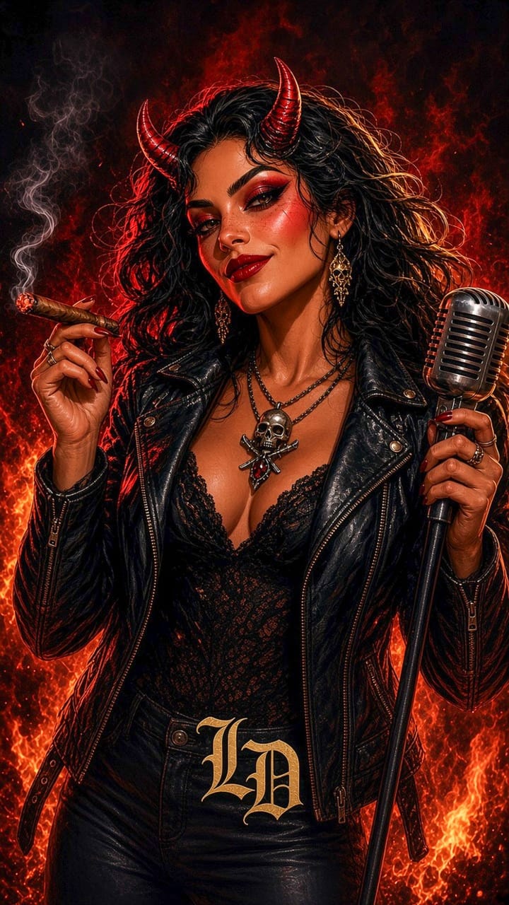 LaDiabla: a horned devil woman with wild dark hair and red lips, in a black leather jacket and skull pendant, holding a lit cigar and a vintage microphone in front of flames.