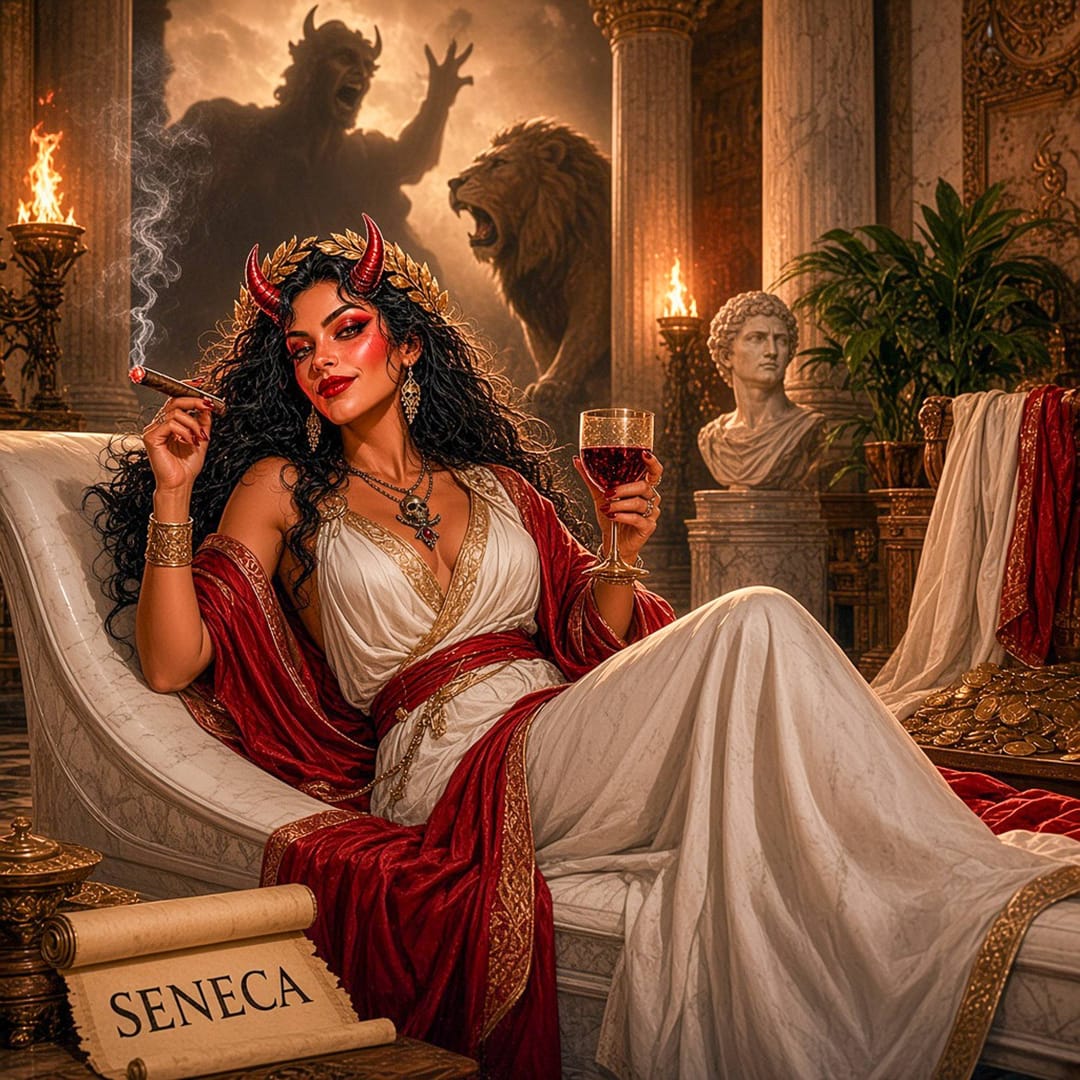 LaDiabla as a Roman aristocrat: horns and a gold laurel wreath, lounging on a marble couch in a white and red toga with a cigar and a glass of red wine, a roaring lion and a marble bust behind her, and a scroll that reads SENECA.