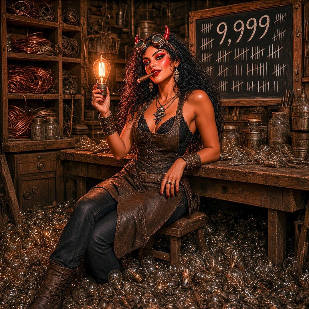 LaDiabla in an inventor's workshop: horns, brass goggles and a leather apron, holding up a glowing lightbulb with a cigar in her mouth, the floor buried in dead bulbs and a chalkboard behind her tallying 9,999.