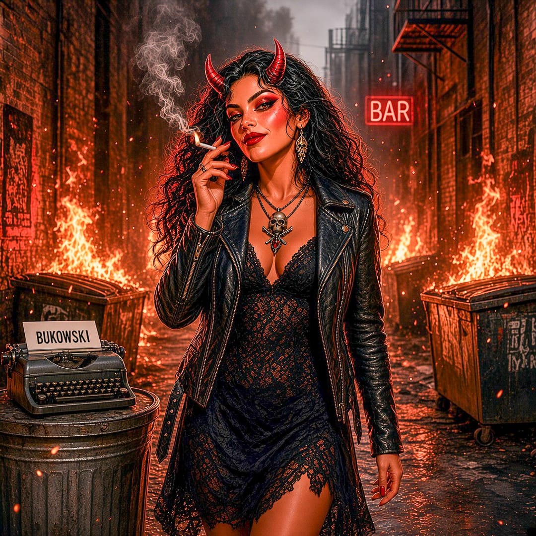 LaDiabla con chaqueta de cuero y vestido de encaje negro, fumando en un callejón lleno de contenedores en llamas y un letrero de neón que dice BAR, junto a una máquina de escribir vieja sobre un bote de basura con una hoja que dice BUKOWSKI.