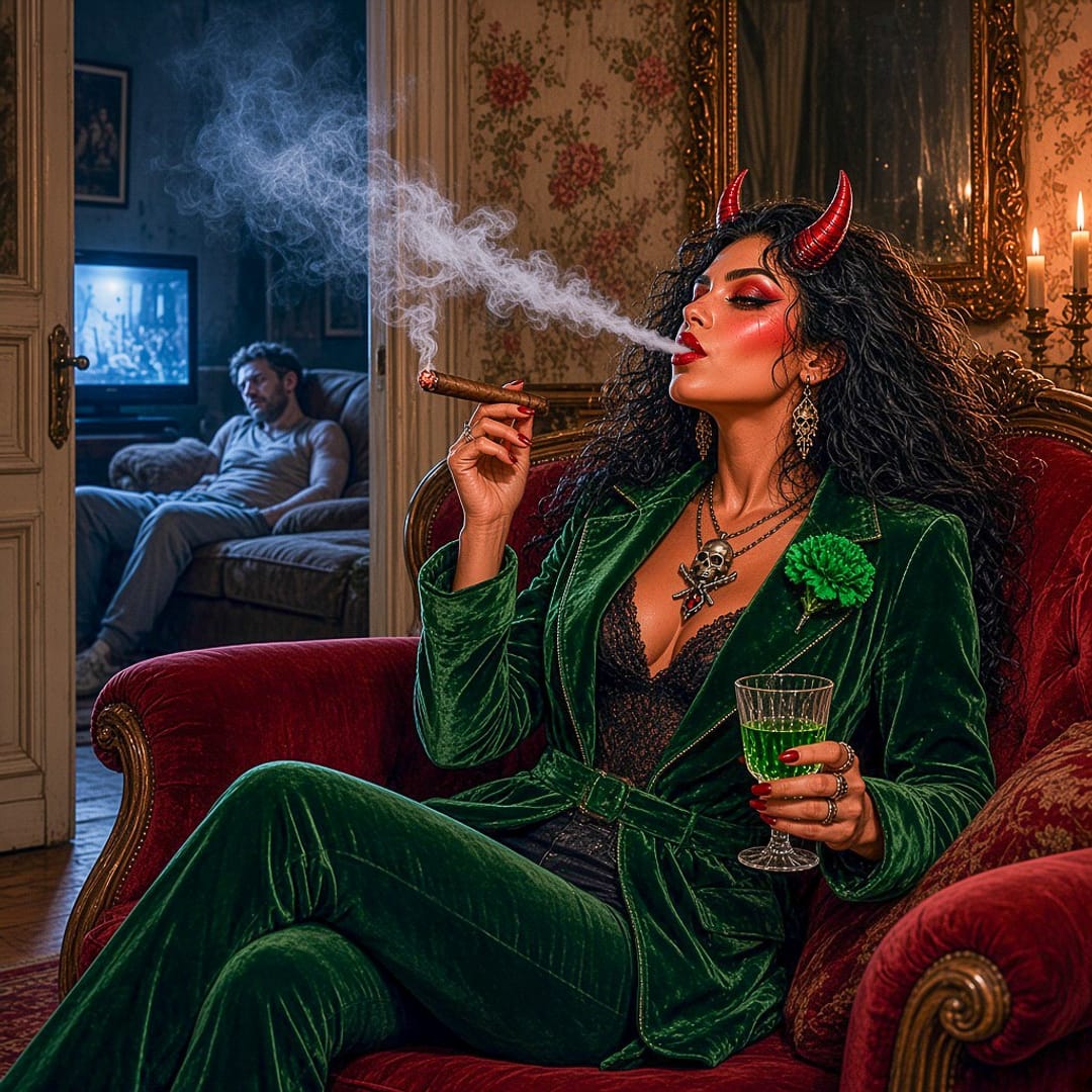 LaDiabla con traje de terciopelo verde y un clavel verde, echando humo de puro y con una copa de absenta en un sofá de terciopelo rojo, mientras por la puerta detrás de ella un hombre se desparrama en un sillón frente a la tele.