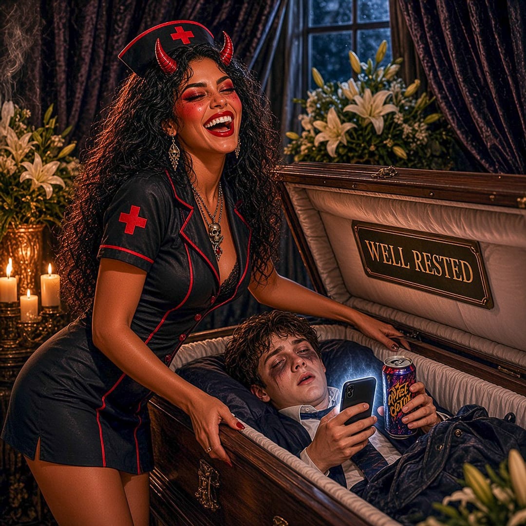 LaDiabla con disfraz de enfermera negro, muerta de risa junto a un ataúd abierto donde un joven agotado está acostado viendo el celular con una bebida energética en la mano, bajo una placa que dice WELL RESTED.
