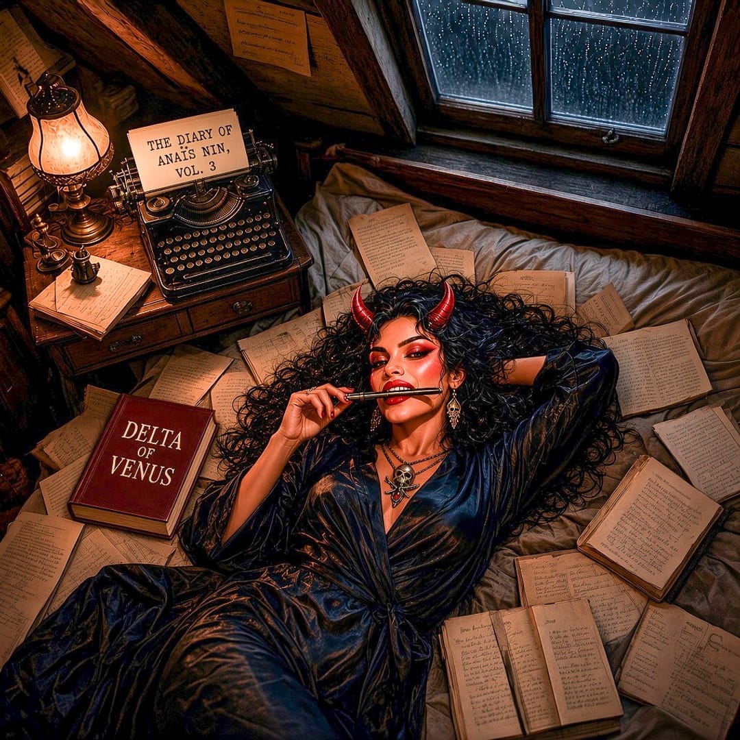 LaDiabla con bata de seda oscura, acostada en una cama en un ático con lluvia en la ventana y una pluma entre los dientes, rodeada de páginas de diario, un ejemplar de Delta de Venus y una máquina de escribir con una hoja que dice THE DIARY OF ANAÏS NIN, VOL. 3.