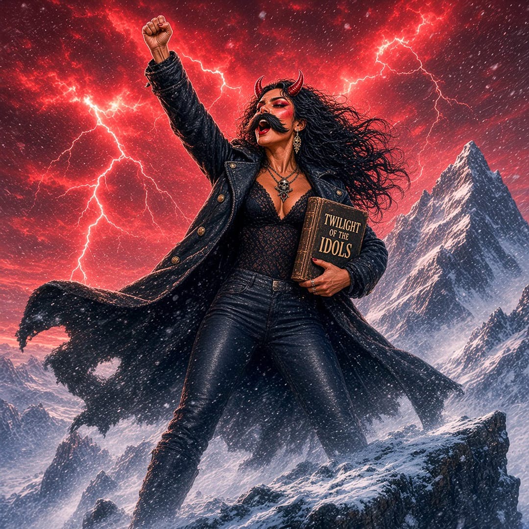 LaDiabla con el bigotazo de Nietzsche, rugiendo en la cima de una montaña nevada con el puño en alto y un ejemplar de Twilight of the Idols bajo el brazo, mientras rayos rojos parten el cielo.