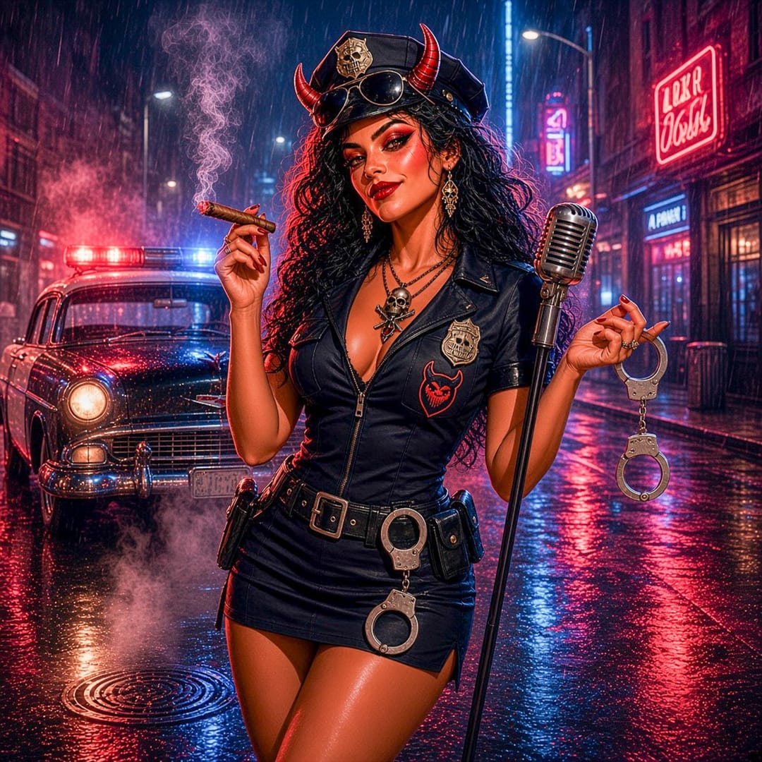 LaDiabla in a Halloween sexy cop costume: horns through her police cap, a lit cigar, a vintage microphone and a pair of handcuffs, on a rainy neon street with a patrol car behind her.